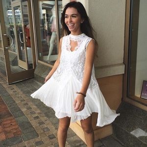 White Lace Dress with Front Neckline Cutout